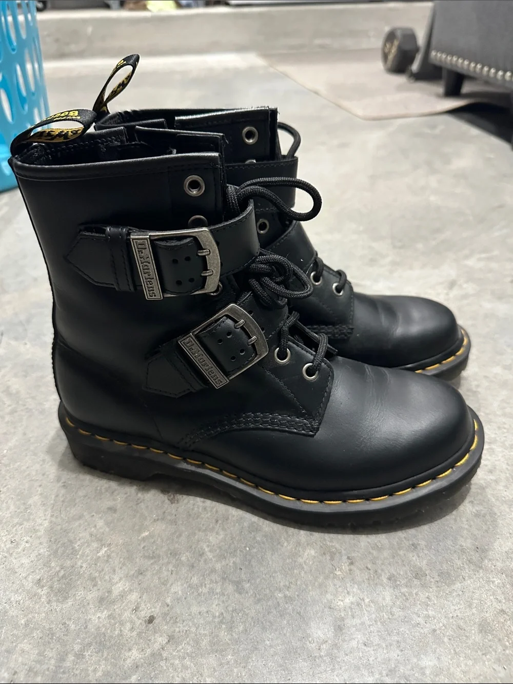 Dr. Martens Black Leather Lace-Up Buckle Combat Boots with Yellow Stitching - Picture 1 of 4